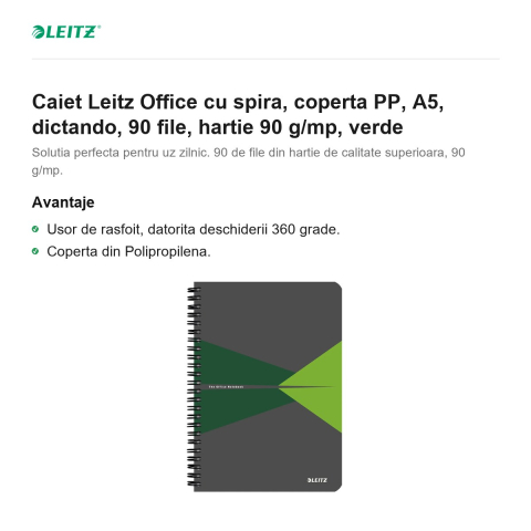 Caiet Leitz Office cu spira, coperta PP, A5, dictando, 90 file, hartie 90 g/mp, verde [1]
