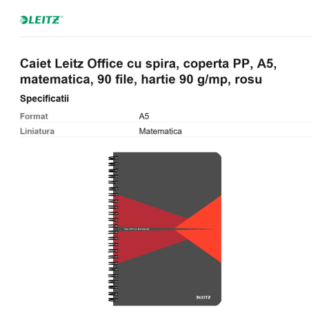 Caiet Leitz Office cu spira, coperta PP, A5, matematica, 90 file, hartie 90 g/mp, rosu [2]