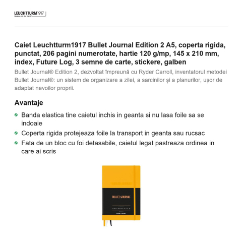 Caiet Leuchtturm1917 Bullet Journal Edition 2 A5, coperta rigida, punctat, 206 pagini numerotate, hartie 120 g/mp, 145 x 210 mm, index, Future Log, 3 semne de carte, stickere, galben [1]