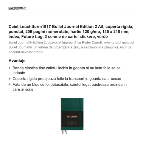 Caiet Leuchtturm1917 Bullet Journal Edition 2 A5, coperta rigida, punctat, 206 pagini numerotate, hartie 120 g/mp, 145 x 210 mm, index, Future Log, 3 semne de carte, stickere, verde [1]
