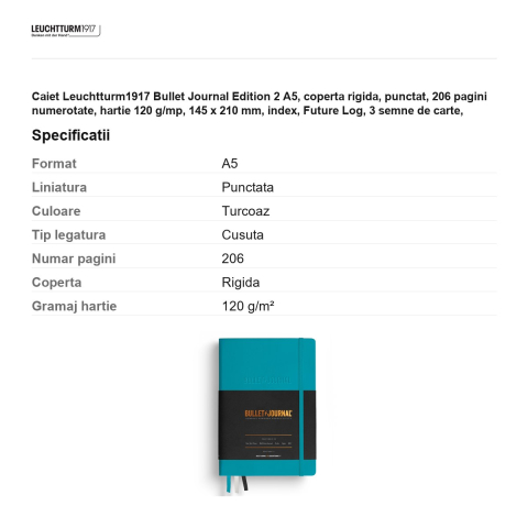 Caiet Leuchtturm1917 Bullet Journal Edition 2 A5, coperta rigida, punctat, 206 pagini numerotate, hartie 120 g/mp, 145 x 210 mm, index, Future Log, 3 semne de carte, stickere, turcoaz [2]