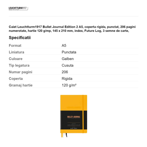 Caiet Leuchtturm1917 Bullet Journal Edition 2 A5, coperta rigida, punctat, 206 pagini numerotate, hartie 120 g/mp, 145 x 210 mm, index, Future Log, 3 semne de carte, stickere, galben [2]