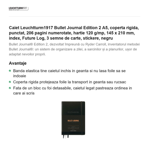Caiet Leuchtturm1917 Bullet Journal Edition 2 A5, coperta rigida, punctat, 206 pagini numerotate, hartie 120 g/mp, 145 x 210 mm, index, Future Log, 3 semne de carte, stickere, negru [1]