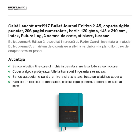 Caiet Leuchtturm1917 Bullet Journal Edition 2 A5, coperta rigida, punctat, 206 pagini numerotate, hartie 120 g/mp, 145 x 210 mm, index, Future Log, 3 semne de carte, stickere, turcoaz [1]