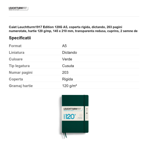 Caiet Leuchtturm1917 Edition 120G A5, coperta rigida, dictando, 203 pagini numerotate, hartie 120 g/mp, 145 x 210 mm, transparenta redusa, cuprins, 2 semne de carte, elastic, verde padure [2]