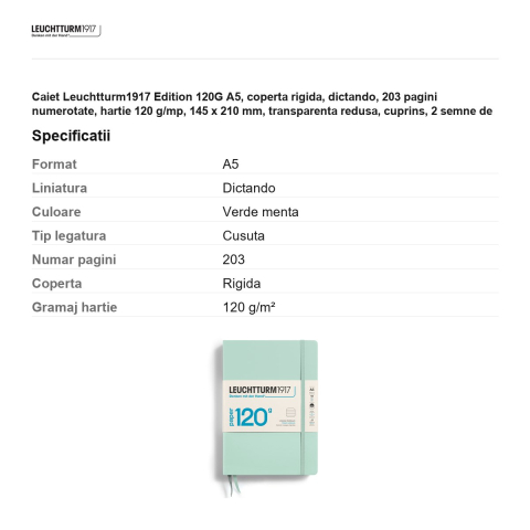 Caiet Leuchtturm1917 Edition 120G A5, coperta rigida, dictando, 203 pagini numerotate, hartie 120 g/mp, 145 x 210 mm, transparenta redusa, cuprins, 2 semne de carte, elastic, verde menta [2]