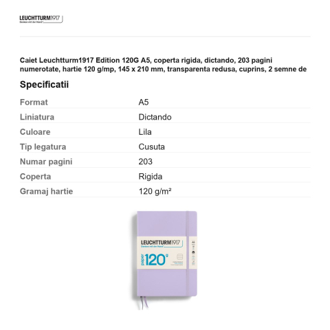 Caiet Leuchtturm1917 Edition 120G A5, coperta rigida, dictando, 203 pagini numerotate, hartie 120 g/mp, 145 x 210 mm, transparenta redusa, cuprins, 2 semne de carte, elastic, lila [2]