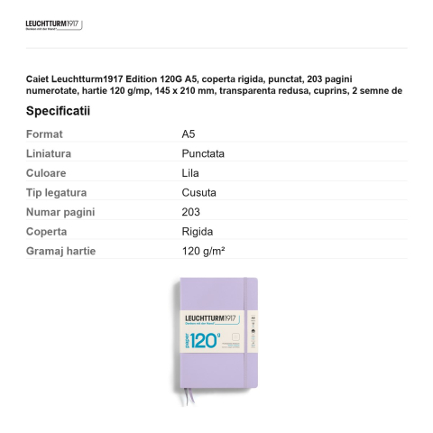 Caiet Leuchtturm1917 Edition 120G A5, coperta rigida, punctat, 203 pagini numerotate, hartie 120 g/mp, 145 x 210 mm, transparenta redusa, cuprins, 2 semne de carte, elastic, lila [2]