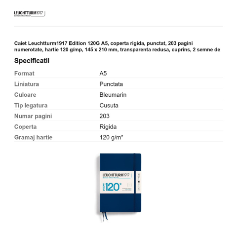 Caiet Leuchtturm1917 Edition 120G A5, coperta rigida, punctat, 203 pagini numerotate, hartie 120 g/mp, 145 x 210 mm, transparenta redusa, cuprins, 2 semne de carte, elastic, albastru navy [2]