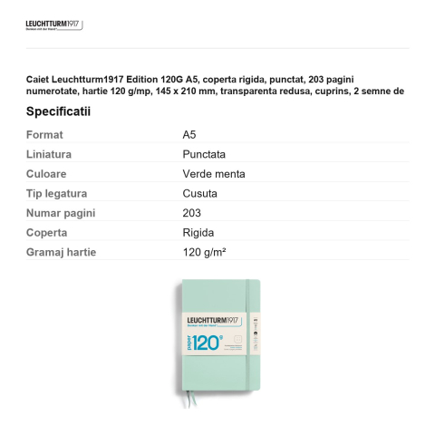 Caiet Leuchtturm1917 Edition 120G A5, coperta rigida, punctat, 203 pagini numerotate, hartie 120 g/mp, 145 x 210 mm, transparenta redusa, cuprins, 2 semne de carte, elastic, verde menta [2]