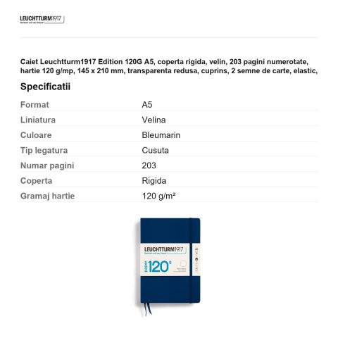 Caiet Leuchtturm1917 Edition 120G A5, coperta rigida, velin, 203 pagini numerotate, hartie 120 g/mp, 145 x 210 mm, transparenta redusa, cuprins, 2 semne de carte, elastic, albastru navy [2]