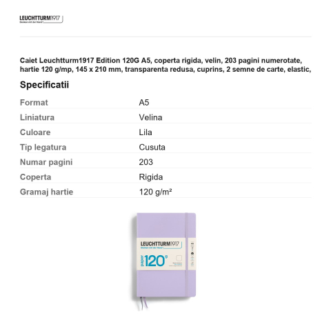 Caiet Leuchtturm1917 Edition 120G A5, coperta rigida, velin, 203 pagini numerotate, hartie 120 g/mp, 145 x 210 mm, transparenta redusa, cuprins, 2 semne de carte, elastic, lila [2]