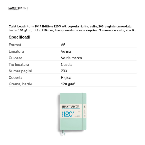 Caiet Leuchtturm1917 Edition 120G A5, coperta rigida, velin, 203 pagini numerotate, hartie 120 g/mp, 145 x 210 mm, transparenta redusa, cuprins, 2 semne de carte, elastic, verde menta [2]