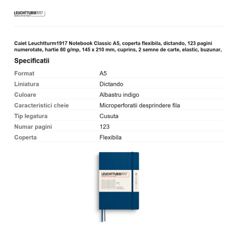 Caiet Leuchtturm1917 Notebook Classic A5, coperta flexibila, dictando, 123 pagini numerotate, hartie 80 g/mp, 145 x 210 mm, cuprins, 2 semne de carte, elastic, buzunar, indigo [2]