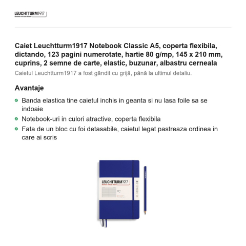 Caiet Leuchtturm1917 Notebook Classic A5, coperta flexibila, dictando, 123 pagini numerotate, hartie 80 g/mp, 145 x 210 mm, cuprins, 2 semne de carte, elastic, buzunar, albastru cerneala [1]