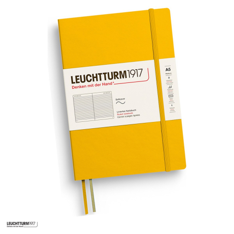 Birotica papetarie - Caiet Leuchtturm1917 Notebook Classic A5, coperta flexibila, dictando, 123 pagini numerotate, hartie 80 g/mp, 145 x 210 mm, cuprins, 2 semne de carte, elastic, buzunar, galben floarea soarelui