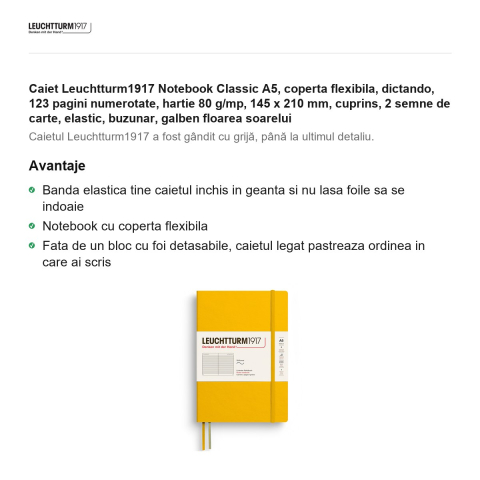 Caiet Leuchtturm1917 Notebook Classic A5, coperta flexibila, dictando, 123 pagini numerotate, hartie 80 g/mp, 145 x 210 mm, cuprins, 2 semne de carte, elastic, buzunar, galben floarea soarelui [1]