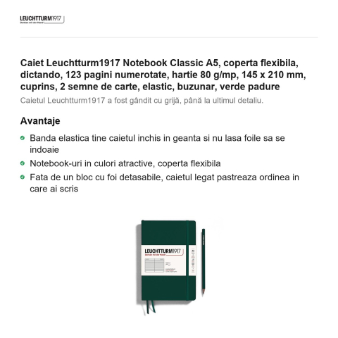 Caiet Leuchtturm1917 Notebook Classic A5, coperta flexibila, dictando, 123 pagini numerotate, hartie 80 g/mp, 145 x 210 mm, cuprins, 2 semne de carte, elastic, buzunar, verde padure [1]