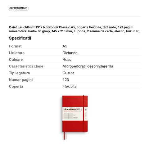 Caiet Leuchtturm1917 Notebook Classic A5, coperta flexibila, dictando, 123 pagini numerotate, hartie 80 g/mp, 145 x 210 mm, cuprins, 2 semne de carte, elastic, buzunar, rosu cherry [2]