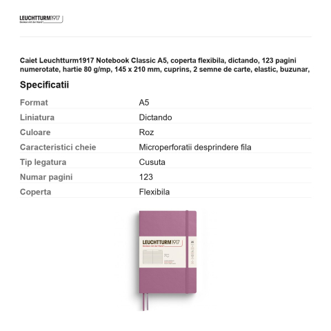 Caiet Leuchtturm1917 Notebook Classic A5, coperta flexibila, dictando, 123 pagini numerotate, hartie 80 g/mp, 145 x 210 mm, cuprins, 2 semne de carte, elastic, buzunar, dusty rose [2]