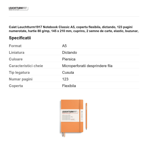 Caiet Leuchtturm1917 Notebook Classic A5, coperta flexibila, dictando, 123 pagini numerotate, hartie 80 g/mp, 145 x 210 mm, cuprins, 2 semne de carte, elastic, buzunar, piersica [2]