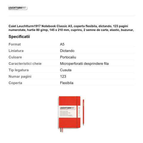 Caiet Leuchtturm1917 Notebook Classic A5, coperta flexibila, dictando, 123 pagini numerotate, hartie 80 g/mp, 145 x 210 mm, cuprins, 2 semne de carte, elastic, buzunar, portocaliu inchis lobster [2]