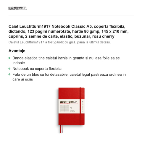 Caiet Leuchtturm1917 Notebook Classic A5, coperta flexibila, dictando, 123 pagini numerotate, hartie 80 g/mp, 145 x 210 mm, cuprins, 2 semne de carte, elastic, buzunar, rosu cherry [1]