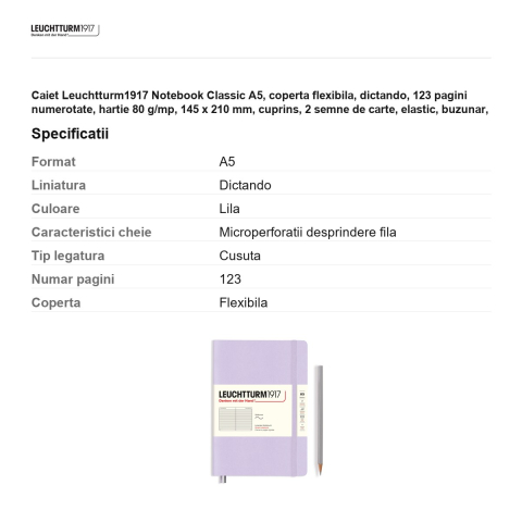 Caiet Leuchtturm1917 Notebook Classic A5, coperta flexibila, dictando, 123 pagini numerotate, hartie 80 g/mp, 145 x 210 mm, cuprins, 2 semne de carte, elastic, buzunar, lila [2]