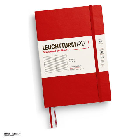 Birotica papetarie - Caiet Leuchtturm1917 Notebook Classic A5, coperta flexibila, dictando, 123 pagini numerotate, hartie 80 g/mp, 145 x 210 mm, cuprins, 2 semne de carte, elastic, buzunar, rosu cherry
