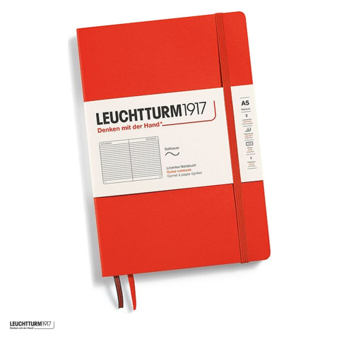 Birotica papetarie - Caiet Leuchtturm1917 Notebook Classic A5, coperta flexibila, dictando, 123 pagini numerotate, hartie 80 g/mp, 145 x 210 mm, cuprins, 2 semne de carte, elastic, buzunar, portocaliu inchis lobster