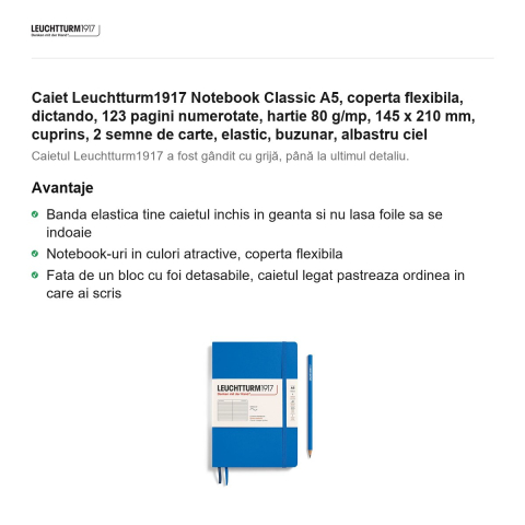 Caiet Leuchtturm1917 Notebook Classic A5, coperta flexibila, dictando, 123 pagini numerotate, hartie 80 g/mp, 145 x 210 mm, cuprins, 2 semne de carte, elastic, buzunar, albastru ciel [1]