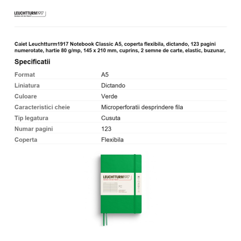 Caiet Leuchtturm1917 Notebook Classic A5, coperta flexibila, dictando, 123 pagini numerotate, hartie 80 g/mp, 145 x 210 mm, cuprins, 2 semne de carte, elastic, buzunar, verde primavaratic [2]