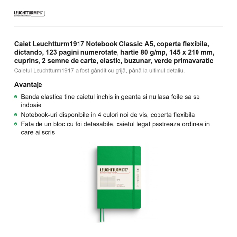 Caiet Leuchtturm1917 Notebook Classic A5, coperta flexibila, dictando, 123 pagini numerotate, hartie 80 g/mp, 145 x 210 mm, cuprins, 2 semne de carte, elastic, buzunar, verde primavaratic [1]