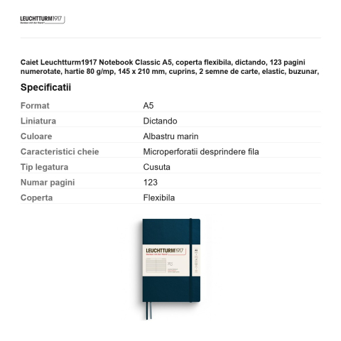 Caiet Leuchtturm1917 Notebook Classic A5, coperta flexibila, dictando, 123 pagini numerotate, hartie 80 g/mp, 145 x 210 mm, cuprins, 2 semne de carte, elastic, buzunar, albastru marin [2]