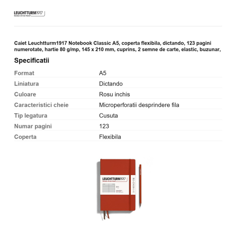Caiet Leuchtturm1917 Notebook Classic A5, coperta flexibila, dictando, 123 pagini numerotate, hartie 80 g/mp, 145 x 210 mm, cuprins, 2 semne de carte, elastic, buzunar, rosu inchis [2]