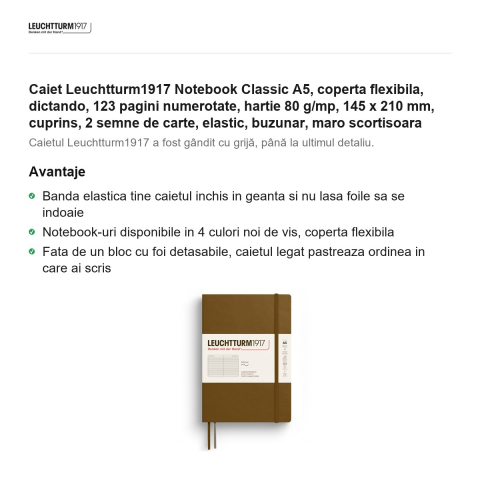Caiet Leuchtturm1917 Notebook Classic A5, coperta flexibila, dictando, 123 pagini numerotate, hartie 80 g/mp, 145 x 210 mm, cuprins, 2 semne de carte, elastic, buzunar, maro scortisoara [1]