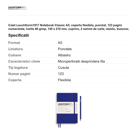 Caiet Leuchtturm1917 Notebook Classic A5, coperta flexibila, punctat, 123 pagini numerotate, hartie 80 g/mp, 145 x 210 mm, cuprins, 2 semne de carte, elastic, buzunar, albastru cerneala [2]