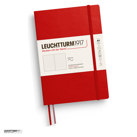 Caiete - Caiet Leuchtturm1917 Notebook Classic A5, coperta flexibila, punctat, 123 pagini numerotate, hartie 80 g/mp, 145 x 210 mm, cuprins, 2 semne de carte, elastic, buzunar, rosu cherry