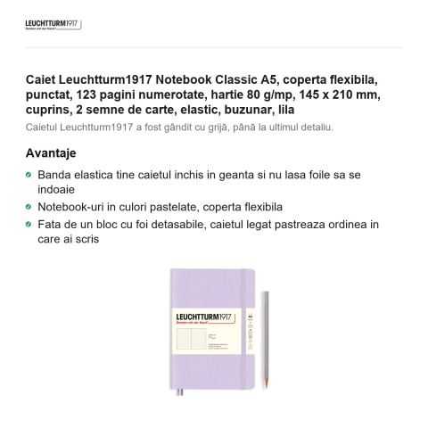 Caiet Leuchtturm1917 Notebook Classic A5, coperta flexibila, punctat, 123 pagini numerotate, hartie 80 g/mp, 145 x 210 mm, cuprins, 2 semne de carte, elastic, buzunar, lila [1]