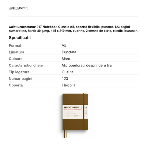 Caiet Leuchtturm1917 Notebook Classic A5, coperta flexibila, punctat, 123 pagini numerotate, hartie 80 g/mp, 145 x 210 mm, cuprins, 2 semne de carte, elastic, buzunar, maro scortisoara [2]
