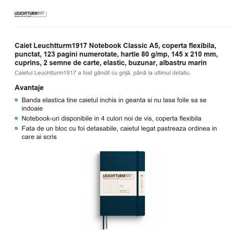 Caiet Leuchtturm1917 Notebook Classic A5, coperta flexibila, punctat, 123 pagini numerotate, hartie 80 g/mp, 145 x 210 mm, cuprins, 2 semne de carte, elastic, buzunar, albastru marin [1]