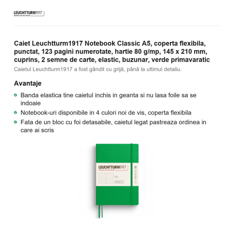 Caiet Leuchtturm1917 Notebook Classic A5, coperta flexibila, punctat, 123 pagini numerotate, hartie 80 g/mp, 145 x 210 mm, cuprins, 2 semne de carte, elastic, buzunar, verde primavaratic [1]