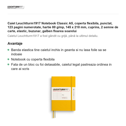 Caiet Leuchtturm1917 Notebook Classic A5, coperta flexibila, punctat, 123 pagini numerotate, hartie 80 g/mp, 145 x 210 mm, cuprins, 2 semne de carte, elastic, buzunar, galben floarea soarelui [1]