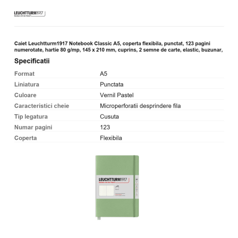 Caiet Leuchtturm1917 Notebook Classic A5, coperta flexibila, punctat, 123 pagini numerotate, hartie 80 g/mp, 145 x 210 mm, cuprins, 2 semne de carte, elastic, buzunar, vernil pastel [2]