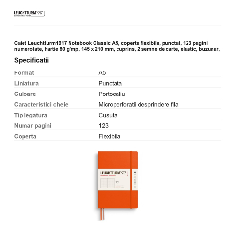 Caiet Leuchtturm1917 Notebook Classic A5, coperta flexibila, punctat, 123 pagini numerotate, hartie 80 g/mp, 145 x 210 mm, cuprins, 2 semne de carte, elastic, buzunar, portocaliu dovleac [2]