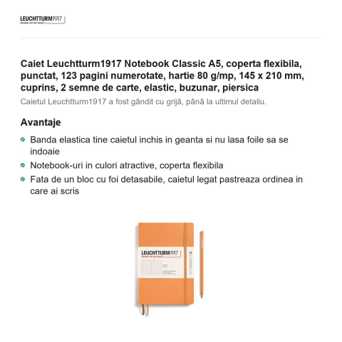 Caiet Leuchtturm1917 Notebook Classic A5, coperta flexibila, punctat, 123 pagini numerotate, hartie 80 g/mp, 145 x 210 mm, cuprins, 2 semne de carte, elastic, buzunar, piersica [1]