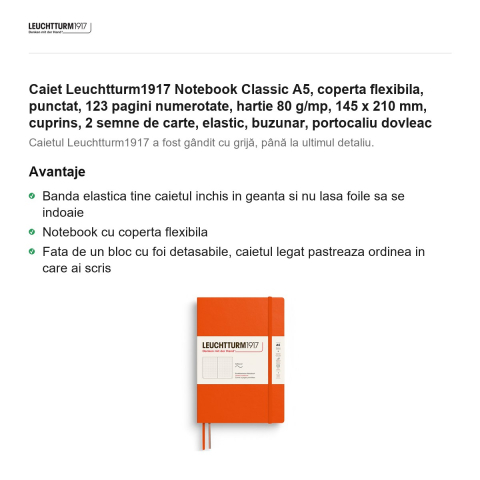 Caiet Leuchtturm1917 Notebook Classic A5, coperta flexibila, punctat, 123 pagini numerotate, hartie 80 g/mp, 145 x 210 mm, cuprins, 2 semne de carte, elastic, buzunar, portocaliu dovleac [1]