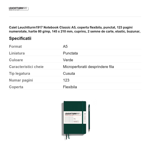Caiet Leuchtturm1917 Notebook Classic A5, coperta flexibila, punctat, 123 pagini numerotate, hartie 80 g/mp, 145 x 210 mm, cuprins, 2 semne de carte, elastic, buzunar, verde padure [2]