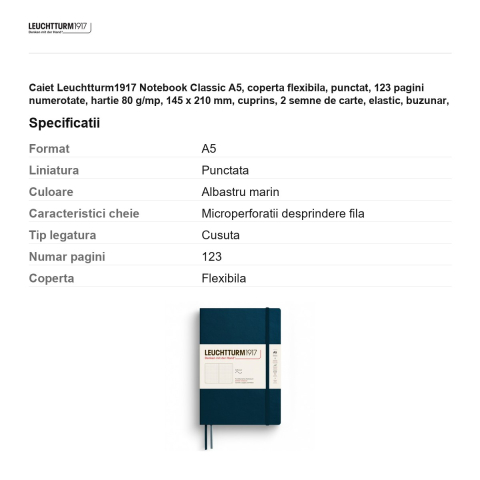 Caiet Leuchtturm1917 Notebook Classic A5, coperta flexibila, punctat, 123 pagini numerotate, hartie 80 g/mp, 145 x 210 mm, cuprins, 2 semne de carte, elastic, buzunar, albastru marin [2]