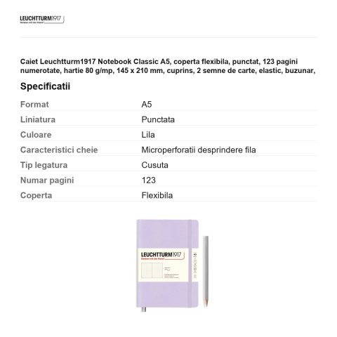 Caiet Leuchtturm1917 Notebook Classic A5, coperta flexibila, punctat, 123 pagini numerotate, hartie 80 g/mp, 145 x 210 mm, cuprins, 2 semne de carte, elastic, buzunar, lila [2]